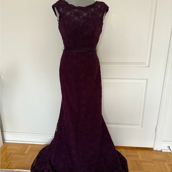 Elegant Purple Lace Evening Gown - Picture 2 of 9